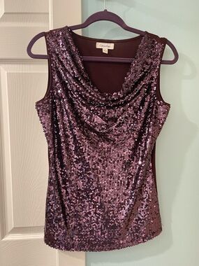 Calvin Klein Burgundy Sequin Women's Sleeveless Blouse Top Sz S Stretch